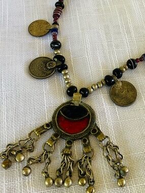 Ethnic Chunky Tribal Style Boho Medallion Beaded Coin Necklace w/ Fringe Accent
